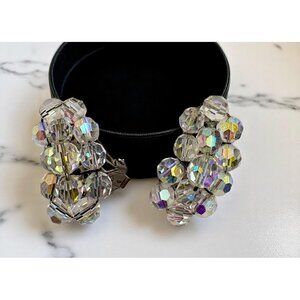 Vintage Aurora Borealis Clip On Earrings Faceted Beads Kidney Shaped Iridescent